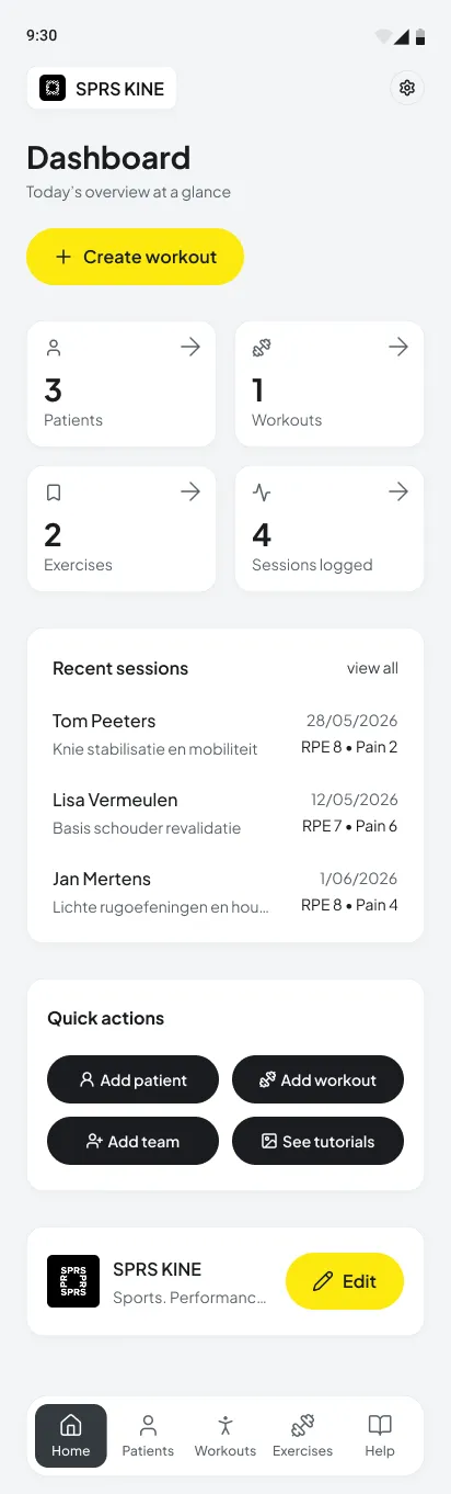 Design of the dashboard of the physical therapist app